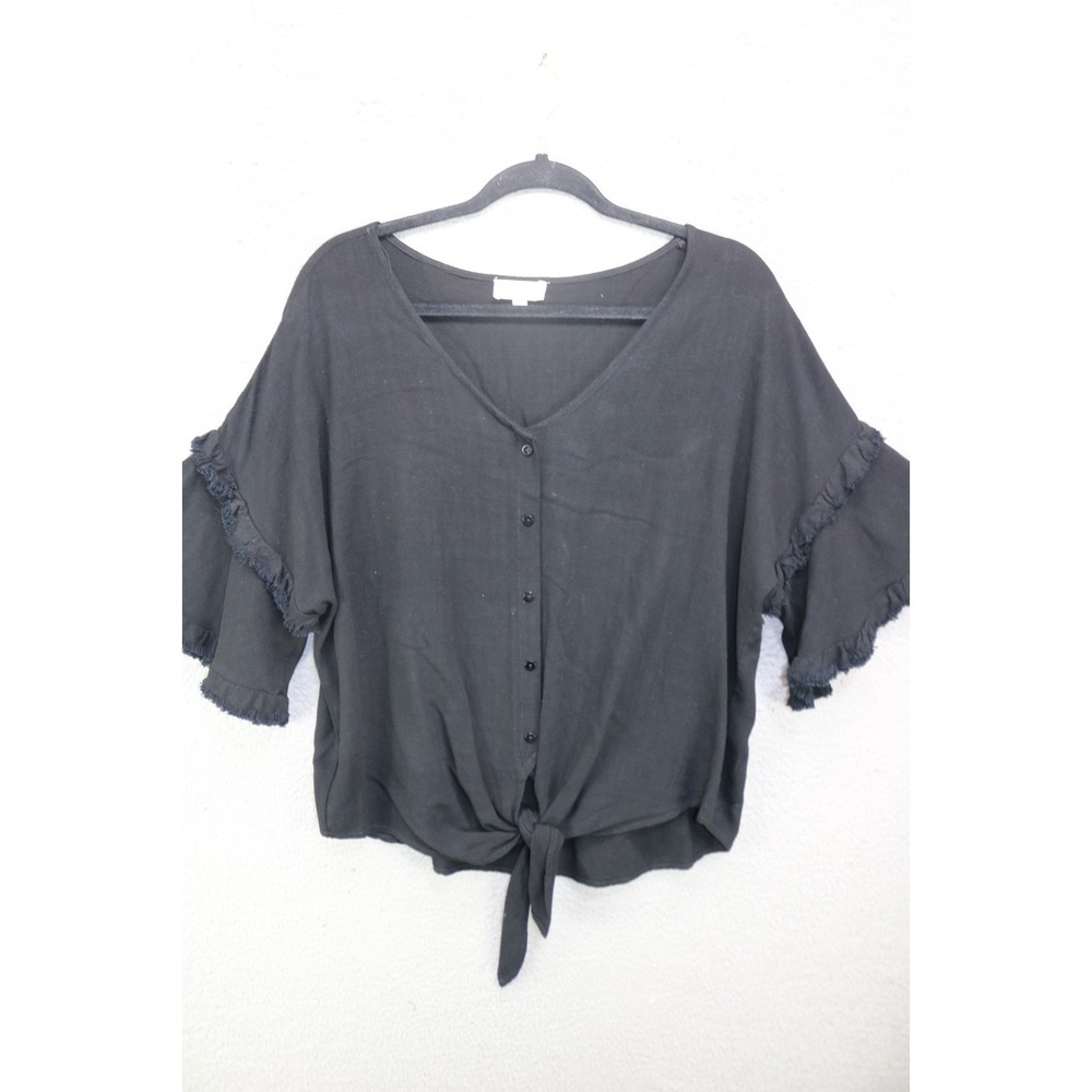 Umgee Black Short Fringed Bell Sleeve Button Up Blouse-Tie Front-Small-BOHO